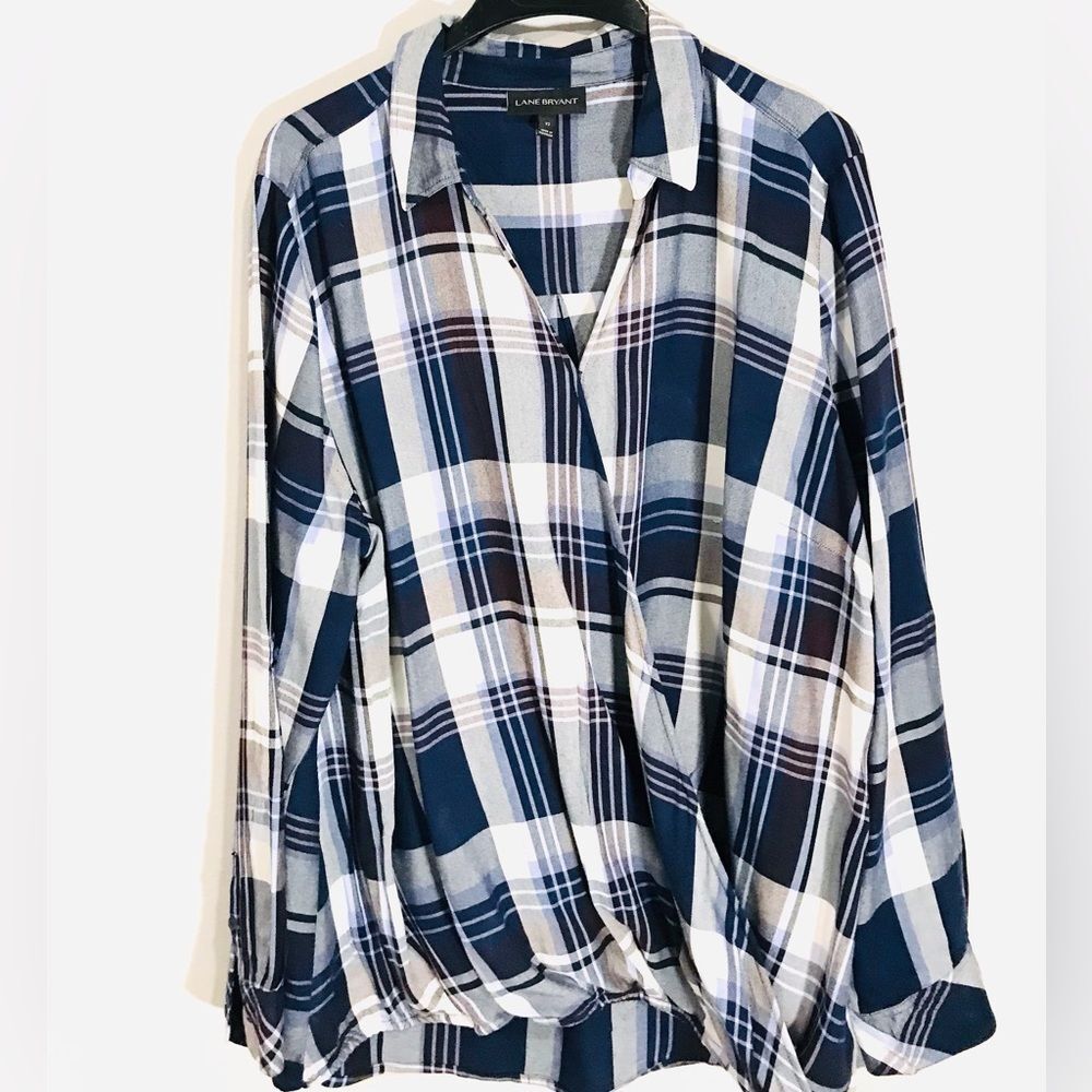 LANE BRAYANT button down shirt top crossed front pleaded blue casual women’s 22